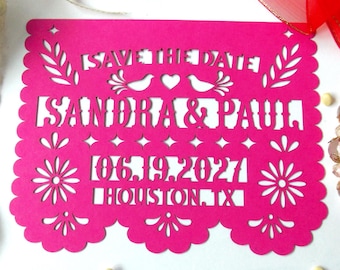 Magnet Save the Date: Mexico Fiesta Wedding in papel picado style