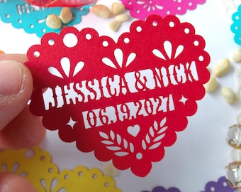 Personalized heart tag in Papel Picado style, Custom Mexico Fiesta Gifts tag, Mexican invitation