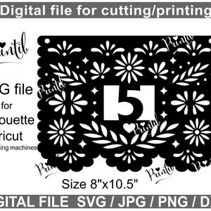 May include: Black and white digital file for cutting or printing a 15th birthday party banner with a floral design. The banner is 8 inches by 10.5 inches.
