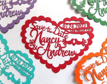 Heart shape Save the date Mexico style, Papel picado save the date, Fiesta invitation, Destination Wedding, Mexican invite