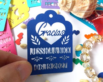 Personalized Gracias Papel Picado Wedding Favor Tags: Mexico Fiesta Thank you Gifts tag
