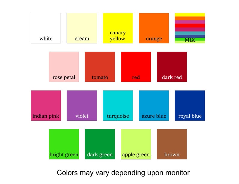 Puede incluir: Una carta de colores con 15 cuadrados de diferentes colores, cada uno etiquetado con un nombre de color. Los colores incluyen blanco, crema, amarillo canario, naranja, rosa p&eacute;talo, tomate, rojo, rojo oscuro, rosa indio, violeta, turquesa, azul celeste, azul real, verde brillante, verde oscuro, verde manzana y marr&oacute;n. La carta tambi&eacute;n incluye un cuadrado etiquetado "MIX" con un arco&iacute;ris de colores.