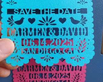 Mini aimant réservez une date en papel picado de style mariage mexicain avec des tourtereaux