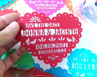 Save the date magnet in papel picado heart design, Mexico save the date on colorful cardstock, Mexico invitation, Fiesta invite