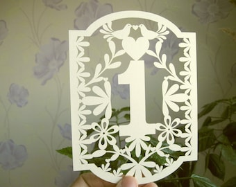 Ivory Papel Picado Table Numbers, Mexican Love Birds, Cream Wedding, Mexico wedding theme