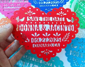 Save the date heart Mexico, Papel picado save the date, Fiesta invitation, Destination Wedding, Mexican invite, Quincenera save the date