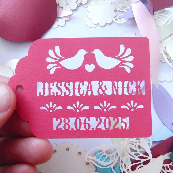 Personalisierte Papel Picado Tags für mexikanische Hochzeit, Fiesta-Party, Geschenke-Tags, Mexiko-Hochzeitsthema