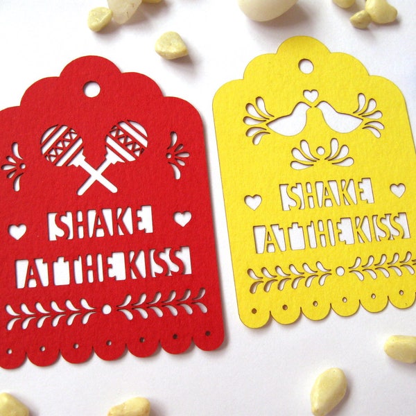 Shake at the kiss tag (10 tags), Shake for a kiss tags, Papel Picado tags, Fiesta party tags, Mexican Wedding favor tags, fiesta party decor