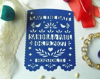 Save the date magnet: Mexico Fiesta Wedding invitation in papel picado style, Magnetic save the dates