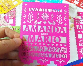 Save the date magnet papel picado style for your Mexico Wedding, Quinceanera, Fiesta party or a colorful event