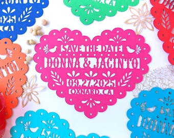 Heart Save the date Mexico style, Papel picado save the date, Fiesta invitation, Destination Wedding, Mexican invite, Heart shape invitation