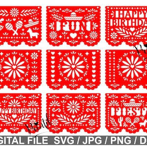 Mexico papel picado banner 9 SVG PNG bestanden papel picado fiesta mexico SVG Happy Birthday SVG Coco SVG Fiesta Banner decoratie Mexico SVG