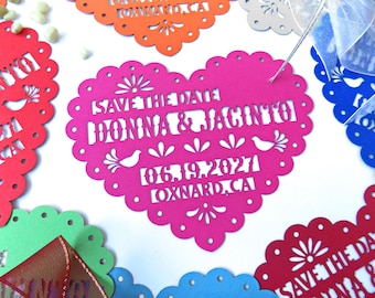 Save the date magnet in papel picado heart design, Mexico save the date, Mexico invitation, Fiesta invite, Quinceanera save the date