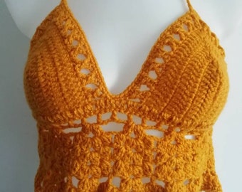 Crochet Top Gift for her Crochet Bralette Top Crochet Festival Top Mustard Crochet Top Crop Top Lace Crochet Top Goddess Crochet Halter Top