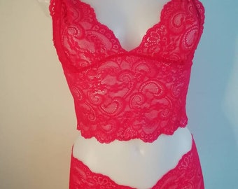 Red Lace Bralette Set Gift for her Lace Bralette Sheer Bralette Lace Bra Longline Bralette Crop Top Lace Lingerie Lace Womens  Bralette