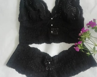 Lace Bralette and Brief Set Black Lace Bralette Set Gift for her Lace lingerie Womens Bralette Set  Lingerie Gift French knicker Lace Panty