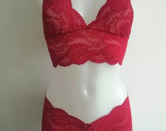 Red Lace Bralette Set Gift for her  Lace Lingerie Lace Bralette Set French Knicker Lace Panty Lace Knickers  Womens Gift Bra Set Girls Gift