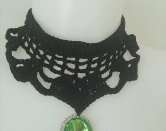 Choker Necklace Green Crystal Pendant Black Necklace Gift for her Black Choker Crochet Necklace Crystal Necklace pendant Choker Womens gift
