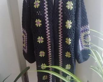 Crochet Cardigan Women Crochet  Cardigan Granny Square Sweater Gift for her Black Crochet Cardigan  Crochet Coat Black Cardigan Green Cardig
