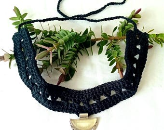 Black Crocheted Neck Choker Necklace with silver pendant Gift for her