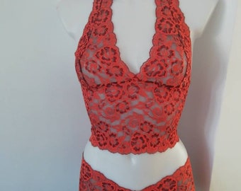 Lace Bralette Set Orange and Brown Floral Lace Gift for her Bralette  Lace Halter Top Lace underwear Lace Panty Womens Gift  Lace Lingerie