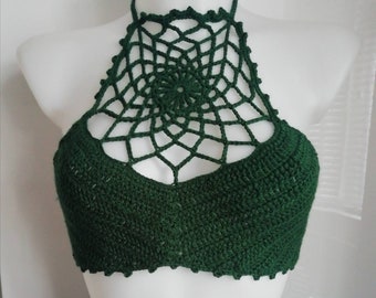 Crochet Crop Top Green Crochet Top Crop Top  Gift for her Green Crochet Top Crochet Festival Top Crochet Bralette Top Spiderweb Crochet Top