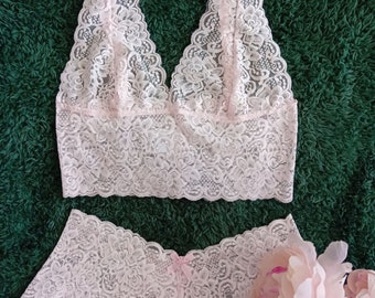 Lace Bralette Set Gift for her Lace Bralette  Pink Lingerie Set Womens Gift Girlfriend Gift Lace Panties French knicker Lace Underwear Panty