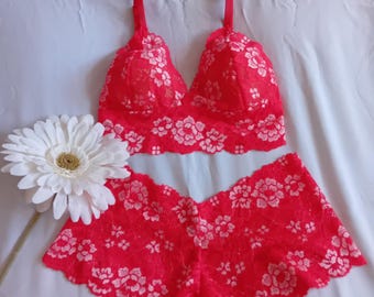 Red Lace Bralette Set: Floral Lingerie Vintage Style Gift for her
