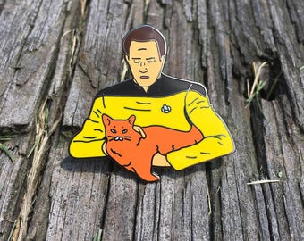 Data Holding a Cat - Black Nickel Hard Enamel Pin, Data pin, Star Trek Pin, Spot the cat