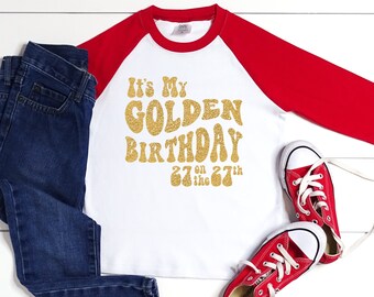 Golden Birthday Shirt, It’s My Golden Birthday, Birthday Day Tee Shirt, Red Raglan Birthday Shirt, Glitter Birthday, Unisex Birthday Shirt