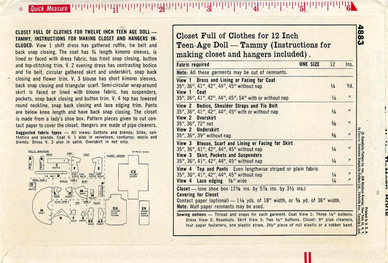 Doll Clothing PATTERN Barbie Cher Farrah Mitizi Gina Kay Polly Jr Babs Simplicity 4883 size 11.5 inch Teen Model dolls Closet pattern 1960s