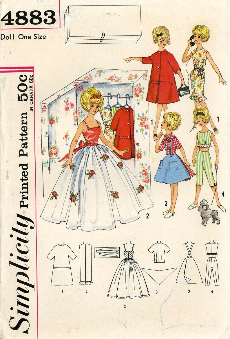 Doll Clothing PATTERN Barbie Cher Farrah Mitizi Gina Kay Polly Jr Babs Simplicity 4883 size 11.5 inch Teen Model dolls Closet pattern 1960s