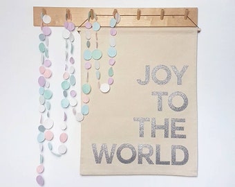 Joy to the World Christmas wall hanging in silver or gold glitter