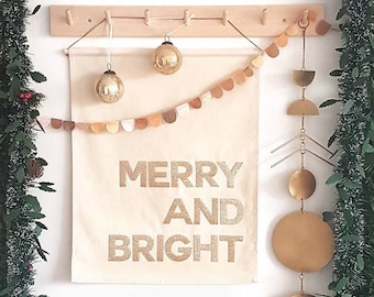Merry and Bright Christmas banner, wall hanging in silver or gold glitter
