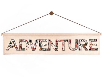 Groot enkel woord in bedrukte stof naar keuze. Van 6-11 LETTERS. spandoek op maat, muurdecoratie