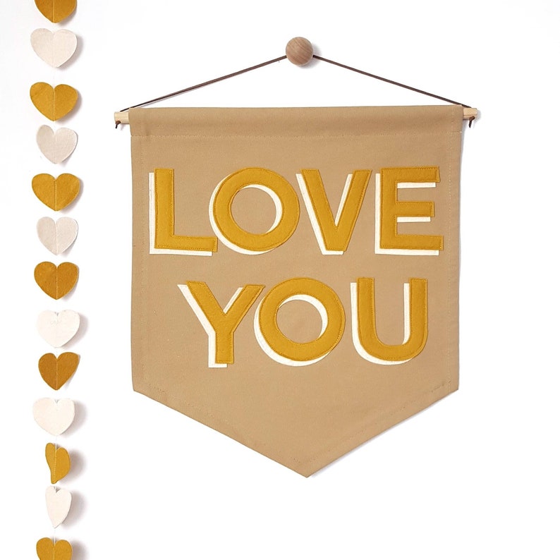 Love You, custom colour banner/wall hanging with matching heart garland image 1