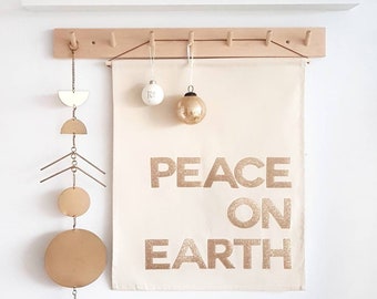 Vrede op aarde Kerstbanner, muur opknoping in zilveren of gouden glitter