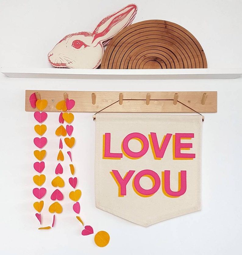 Love You, custom colour banner/wall hanging with matching heart garland image 2