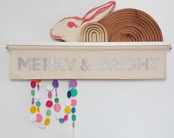 Merry & Bright Christmas banner, wall hanging in silver glitter