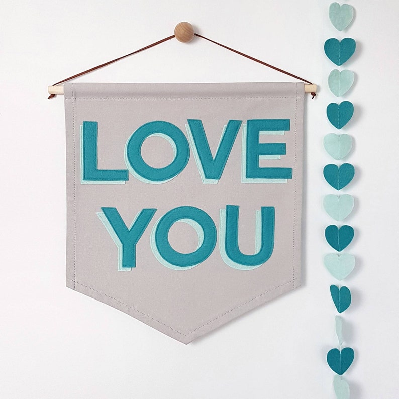 Love You, custom colour banner/wall hanging with matching heart garland image 4
