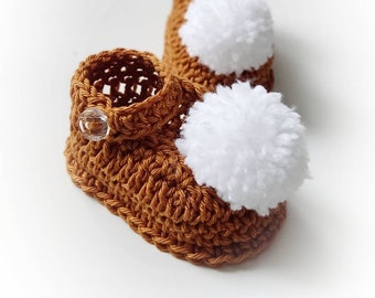 Crochet Baby Girl Summer Shoes Copper, Pom Pom Baby Sandals, baby shower gift for girl, summer baby girl outlook