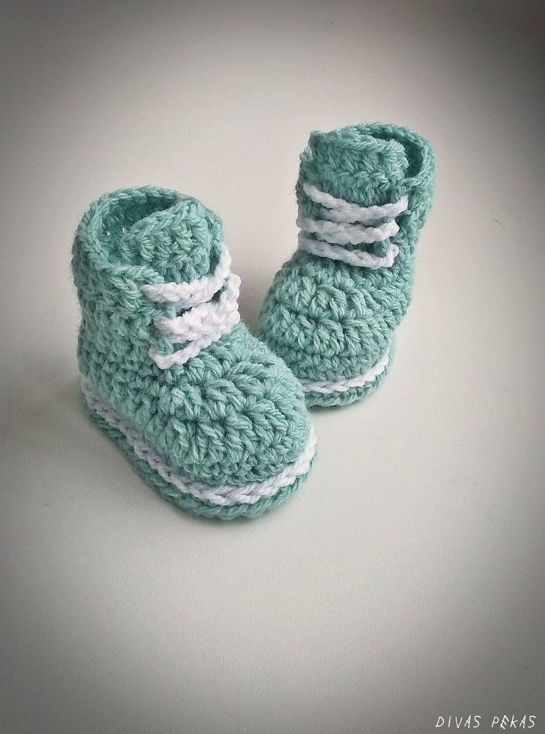 Teal Blue Baby Boy Booties, Crochet Baby Shoes With White Lace, Baby