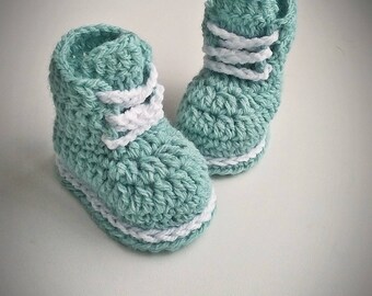 Teal blue baby boy booties, crochet baby shoes with white lace, baby shower gift, gift for newborn