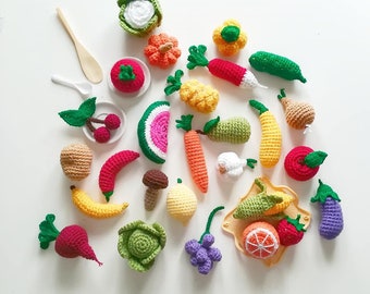 Crochet vegetables and fruits play food set, crochet vegetable toys, crochet veggies, montessori toys