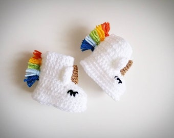 Crochet Rainbown Unicorn Baby Booties, Newborn Baby Shower Gift, Crochet Baby Shoes, Pregnancy Announcement