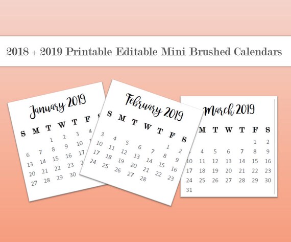 2018 & 2019 Brushed Mini Calendars Editable Printable
