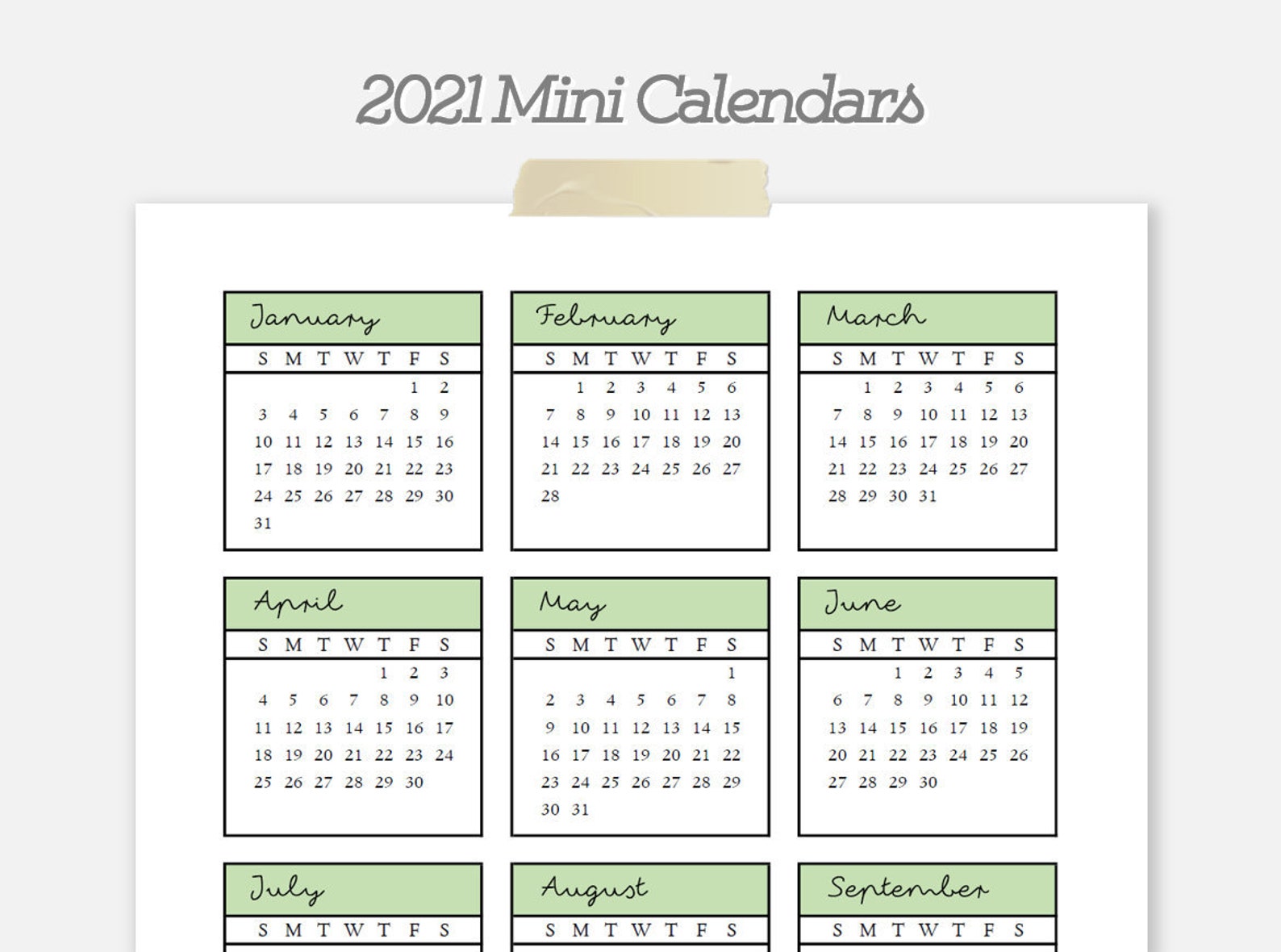 2021 Sage Green Bullet Journal Mini Calendars Editable Etsy
