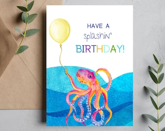 Carte d’anniversaire Octopus Carte vierge aquarelle Téléchargement instantané numérique Carte de vœux imprimable Carte d’anniversaire pour elle pour lui Carte