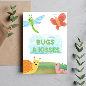Garden Bugs and Kisses Valentine's Day Cartão em branco para download digital para download instantâneo e impressão Cartão de felicitações para impressão