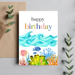 Tarjeta de cumpleaños con acuarela tropical, descarga digital, descarga instantánea, saludo imprimible para ella, para él, tarjeta de cumpleaños, linda tarjeta